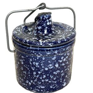 * Stoneware Cheese  Butter Crock Jar wire Bail Lid Speckled Cobalt Blue Vintage